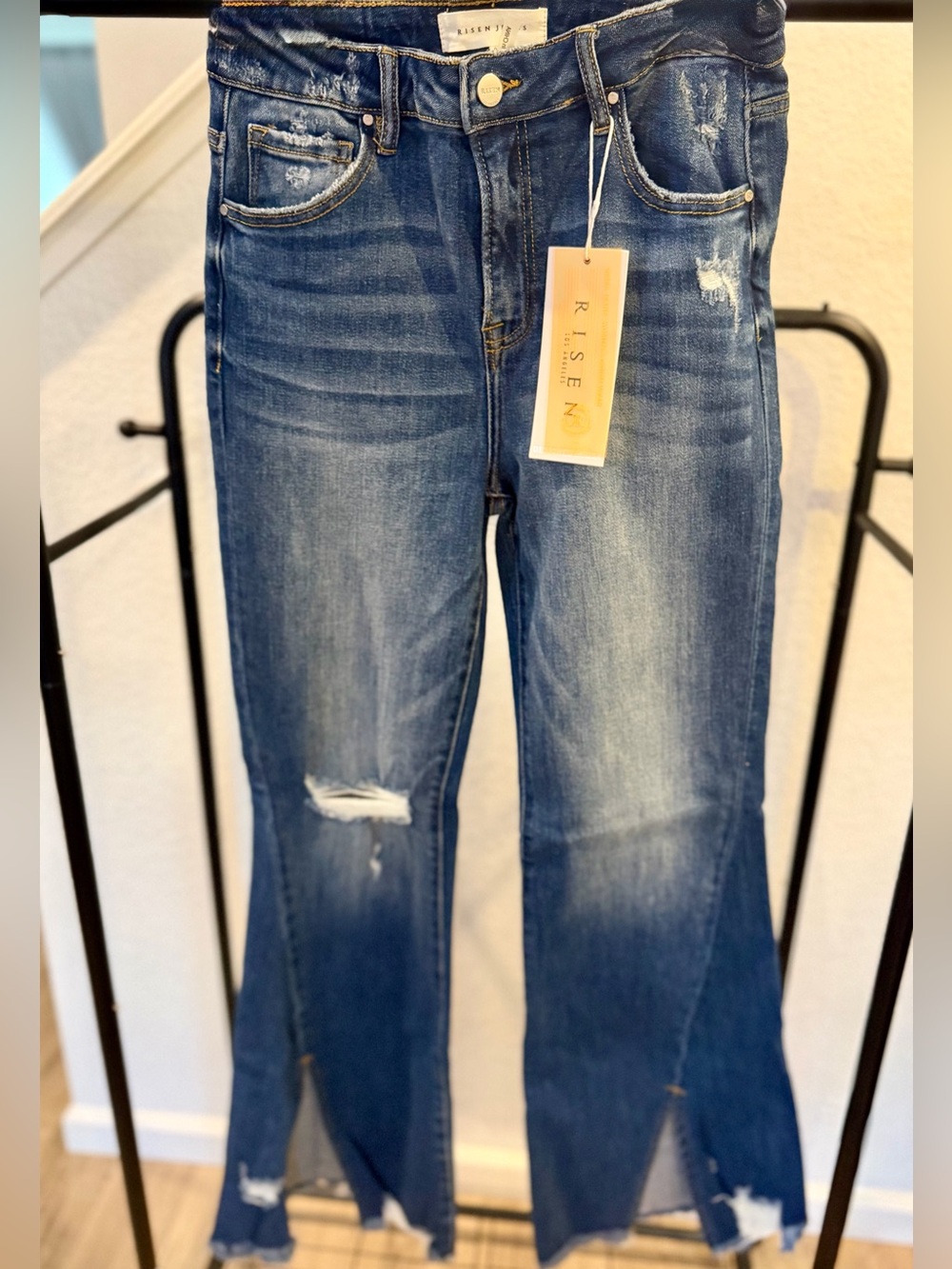 RISEN High Rise Distressed Front Slit Flare Jeans – Size 9/29 | 32” Inseam